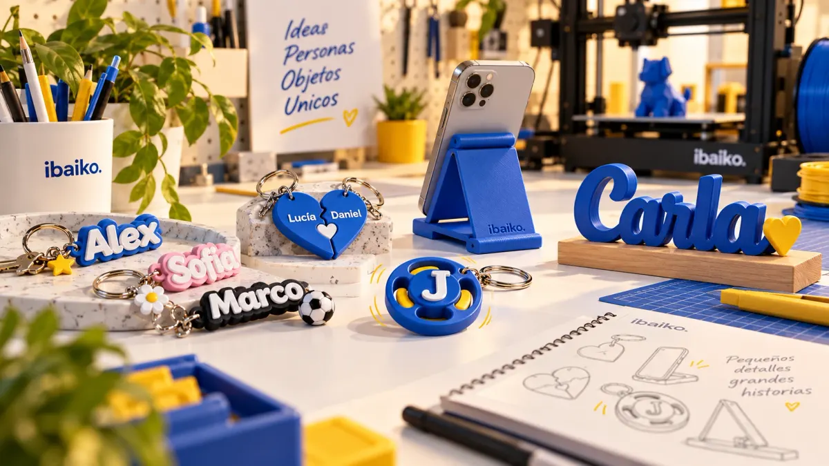 Taller IBAIKO con llaveros, nombres y soporte de móvil personalizados